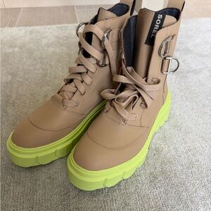 Sorel Tan Lace-Up Platform Combat Boots with Neon Yellow-Green Sole